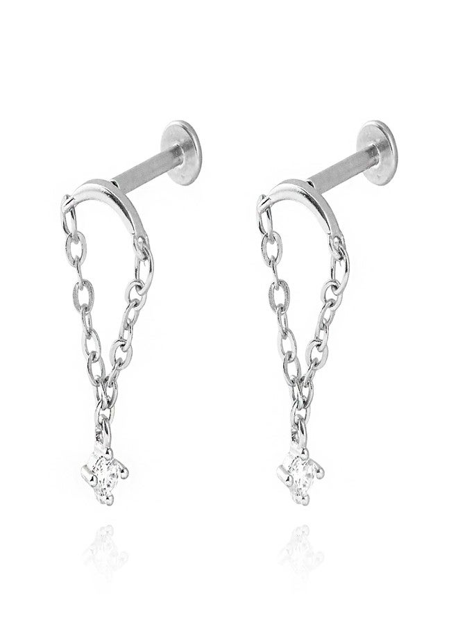 Xeyau 2PC Small Helix Piercing Earrings for Women Gold Silver Titanium Flat Back Earring Dangle Hidden Helix Earring Hypoallergenic Cartilage Diamond Jewelry (A-Silver) - Image 1